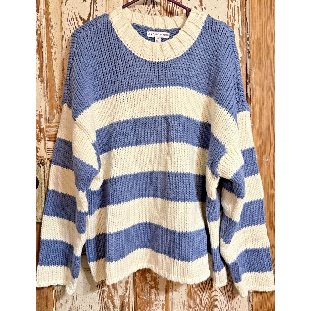 And Now This Striped Acrylic Relaxed Crewneck Sweater - Cream/Blue - 3X (22W)